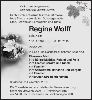 Traueranzeige von Regina Wolff von Ostsee-Zeitung