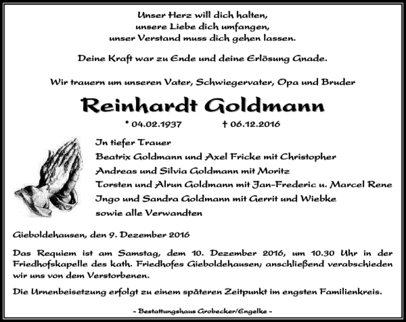  Traueranzeige für Reinhardt Goldmann vom 09.12.2016 aus Eichsfelder Tageblatt