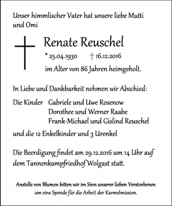 Traueranzeige von Renate Reuschel von Ostsee-Zeitung