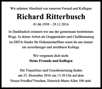 Traueranzeige von Richard Ritterbusch von MAZ-Trauer.de