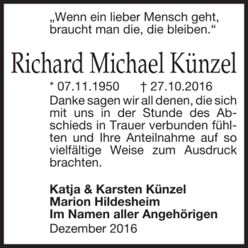 Traueranzeige von Richard Michael Künzel von Leipziger Volkszeitung