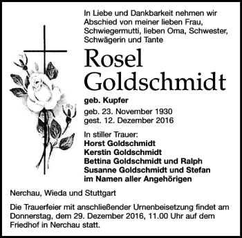 Traueranzeige von Rosel Goldschmidt von Leipziger Volkszeitung