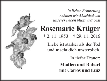 Traueranzeige von Rosemarie Krüger von Ostsee-Zeitung