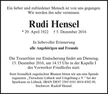 Traueranzeige von Rudi Hensel von Lübecker Nachrichten
