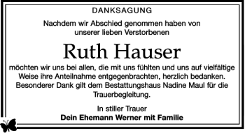 Traueranzeige von Ruth Hauser von Leipziger Volkszeitung