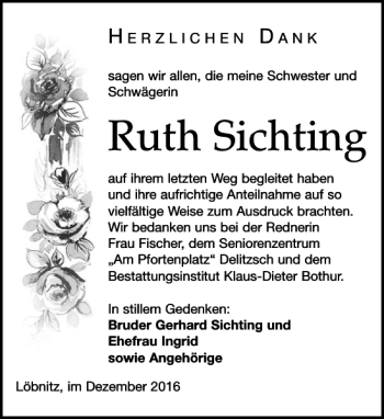 Traueranzeige von Ruth Sichting von Leipziger Volkszeitung