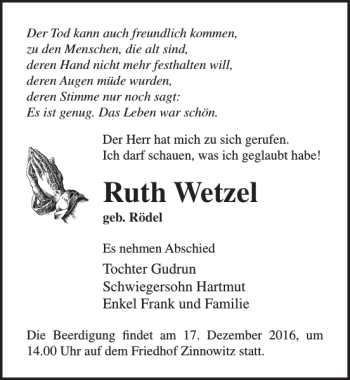 Traueranzeige von Ruth Wetzel von Ostsee-Zeitung