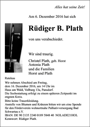 Traueranzeige von Rüdiger B. Plath von Lübecker Nachrichten