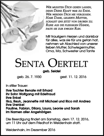 Traueranzeige von Senta Oertelt von Torgauer Zeitung