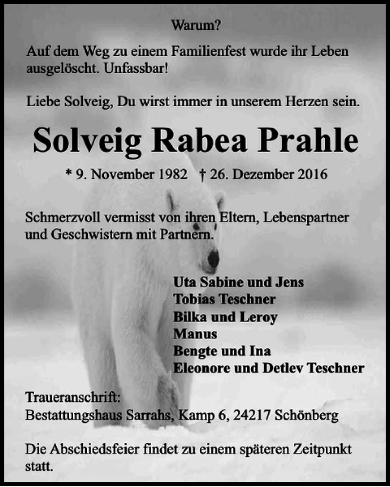  Traueranzeige für Solveig Rabea Prahle vom 31.12.2016 aus Kieler Nachrichten / Segeberger Zeitung