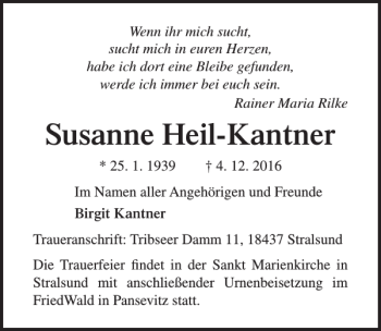 Traueranzeige von Susanne Heil-Kantner von Ostsee-Zeitung