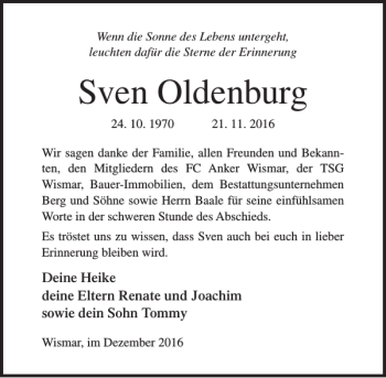 Traueranzeige von Sven Oldenburg von Ostsee-Zeitung