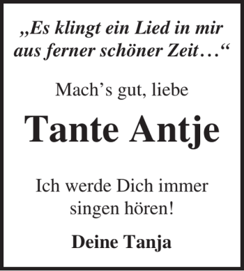 Traueranzeige von Tante Antje von Lübecker Nachrichten