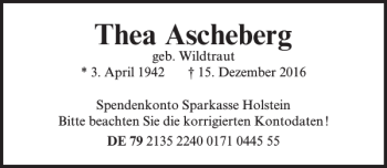 Traueranzeige von Thea Ascheberg von Lübecker Nachrichten