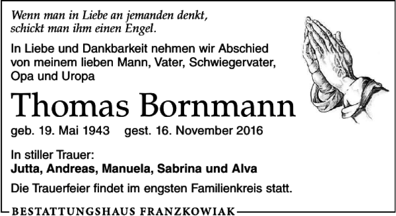  Traueranzeige für Thomas Bornmann vom 03.12.2016 aus Leipziger Volkszeitung