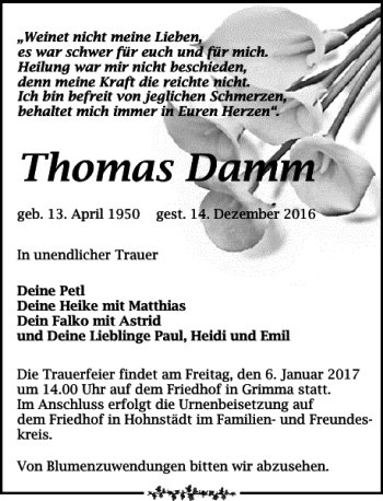 Traueranzeige von Thomas Damm von Leipziger Volkszeitung