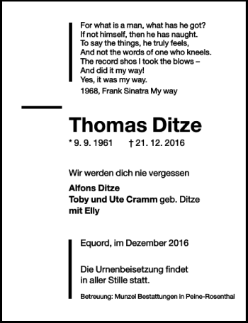 Traueranzeige von Thomas Ditze von Peiner Allgemeine Zeitung