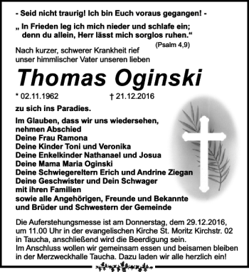 Traueranzeige von Thomas Oginski von Leipziger Volkszeitung