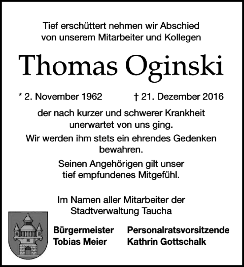  Traueranzeige für Thomas Oginski vom 24.12.2016 aus Leipziger Volkszeitung