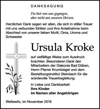 Traueranzeige von Ursula Kroke von Leipziger Volkszeitung