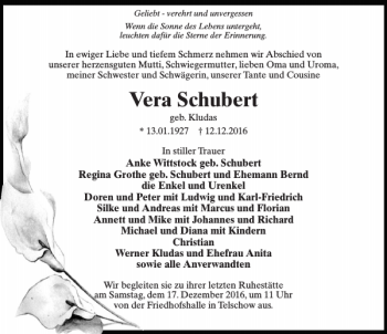 Traueranzeige von Vera Schubert von MAZ-Trauer.de