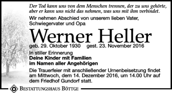 Traueranzeige von Werner Heller von Leipziger Volkszeitung