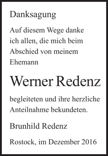 Traueranzeige von Werner Redenz von Ostsee-Zeitung