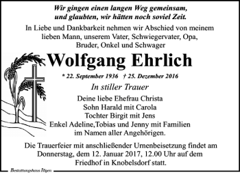 Traueranzeige von Wolfgang Ehrlich von Leipziger Volkszeitung