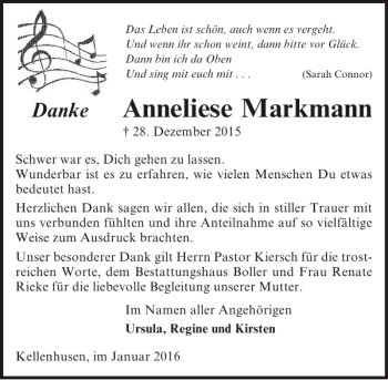 Traueranzeige von Anneliese Markmann von Lübecker Nachrichten