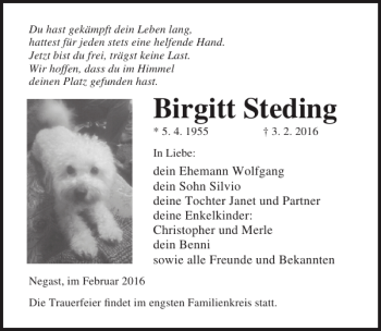 Traueranzeige von Birgitt Steding von Ostsee-Zeitung