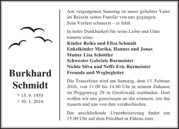 Traueranzeige von Burkhard Schmidt von Ostsee-Zeitung