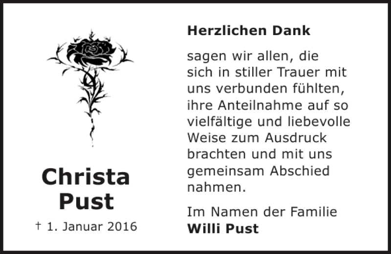  Traueranzeige für Christa Pust vom 13.02.2016 aus Ostsee-Zeitung