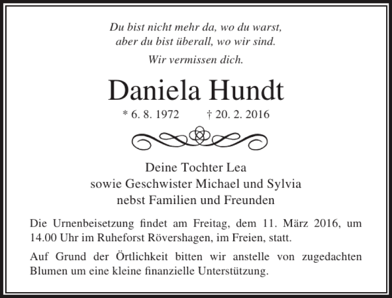  Traueranzeige für Daniela Hundt vom 27.02.2016 aus Ostsee-Zeitung