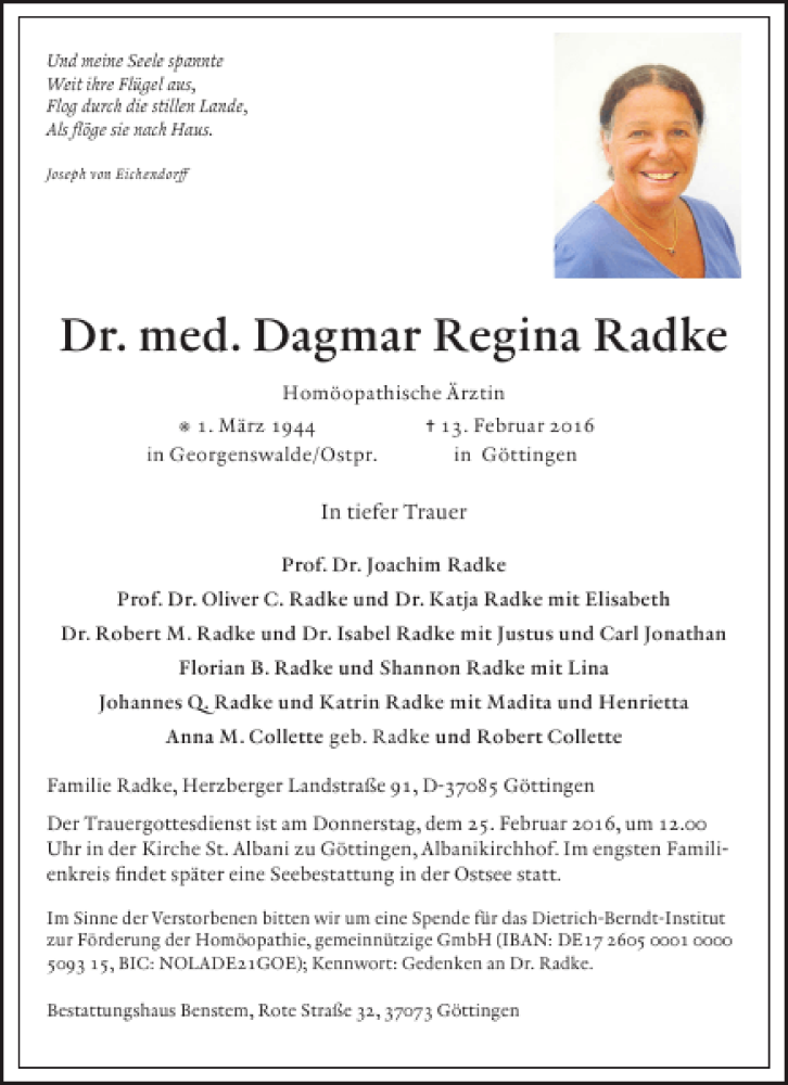  Traueranzeige für Dr. Med. Dagmar Radke vom 20.02.2016 aus Göttinger Tageblatt
