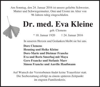 Traueranzeige von Dr. med. Eva Kleine von Lübecker Nachrichten