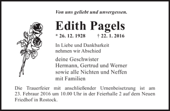 Traueranzeige von Edith Pagels von Ostsee-Zeitung