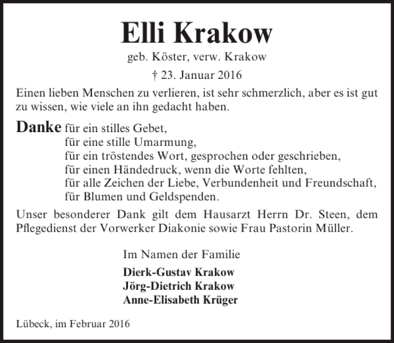  Traueranzeige für Elli Krakow vom 21.02.2016 aus Lübecker Nachrichten