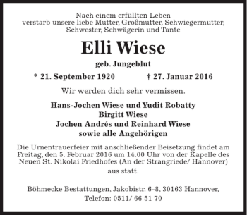 Traueranzeige von Elli Wiese von HAZ/NP