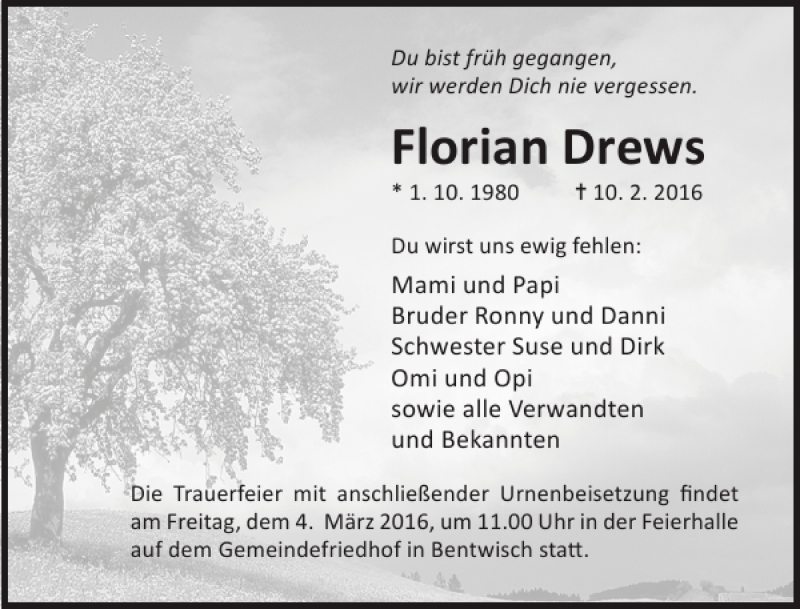  Traueranzeige für Florian Drews vom 20.02.2016 aus Ostsee-Zeitung