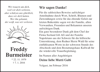 Traueranzeige von Freddy Burmeister von Ostsee-Zeitung