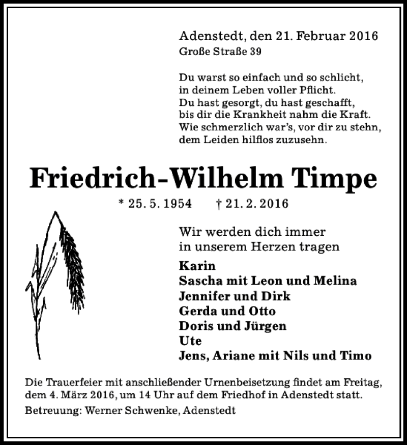  Traueranzeige für Friedrich-Wilhelm Timpe vom 24.02.2016 aus Peiner Allgemeine Zeitung