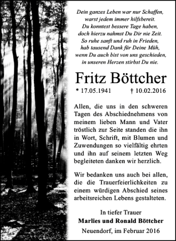 Traueranzeige von Fritz Böttcher von MAZ-Trauer.de