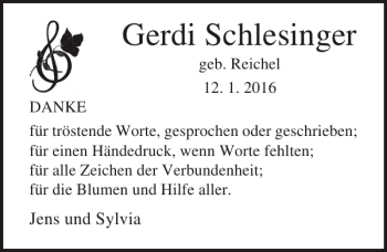 Traueranzeige von Gerdi Schlesinger von Ostsee-Zeitung
