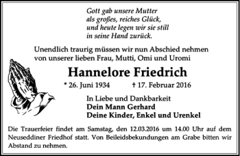 Traueranzeige von Hannelore Friedrich von MAZ-Trauer.de