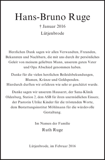 Traueranzeige von Hans-Bruno Ruge von Lübecker Nachrichten
