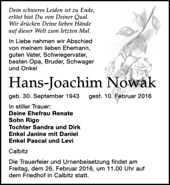 Traueranzeige von Hans-Joachim Nowak von Leipziger Volkszeitung