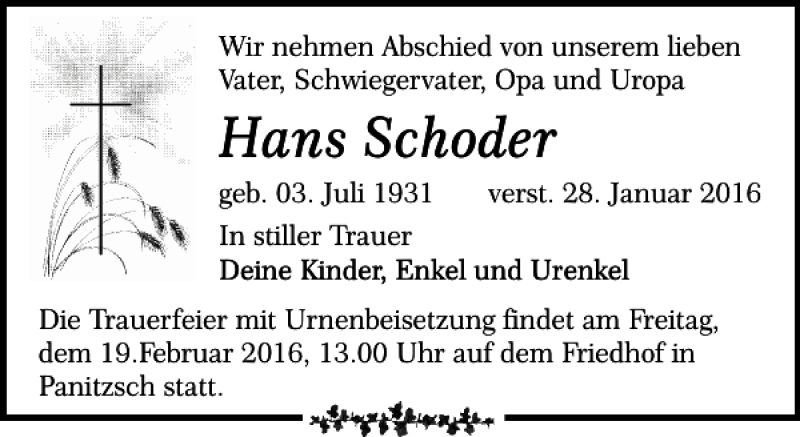 Traueranzeigen von Hans Schoder | trauer-anzeigen.de