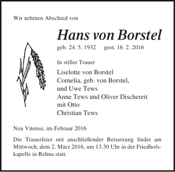 Traueranzeige von Hans von Borstel von Ostsee-Zeitung