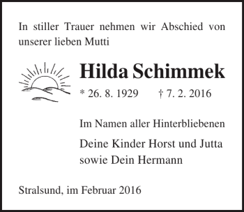 Traueranzeige von Hilda Schimmek von Ostsee-Zeitung
