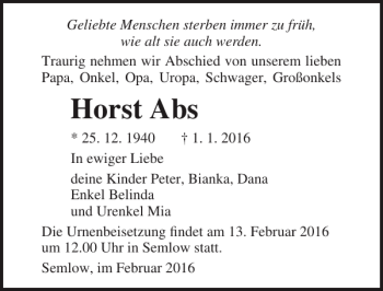 Traueranzeige von Horst Abs von Ostsee-Zeitung